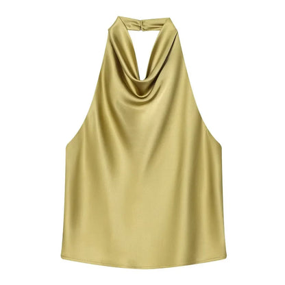 Women's Satin Halter Backless Camisole Top – Off Shoulder Summer Beach Tank Blouse