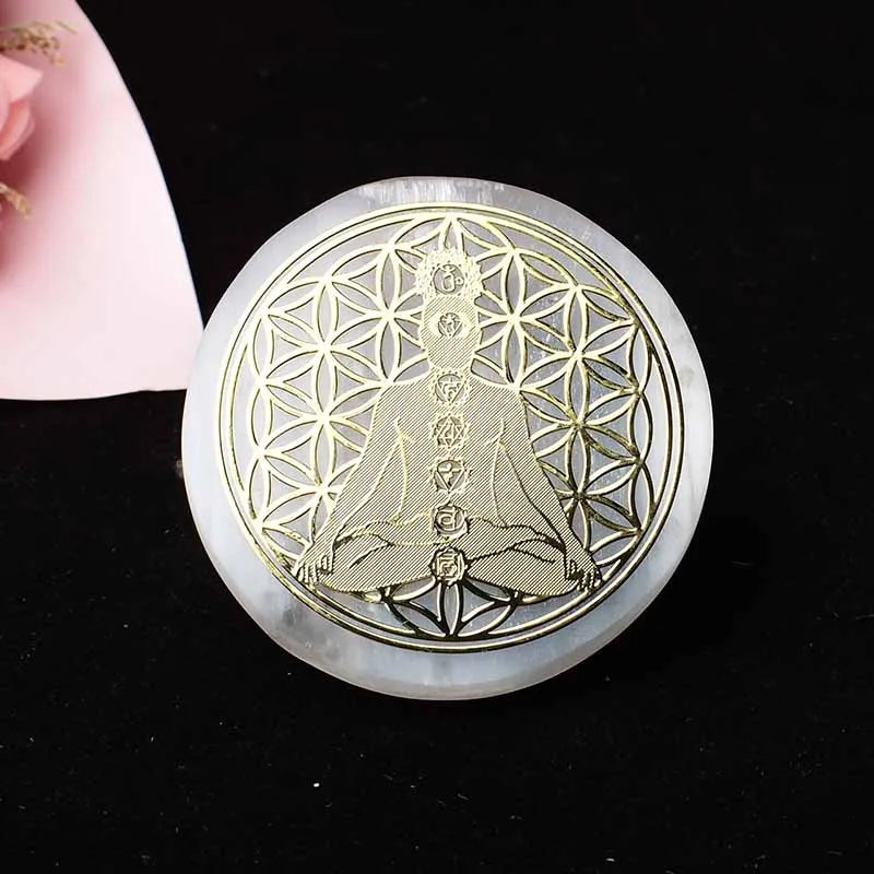 LSeven Chakras Natural Selenite Stone Disc - Reiki Crystal Healing Stone, Feng Shui Home Decor Gift