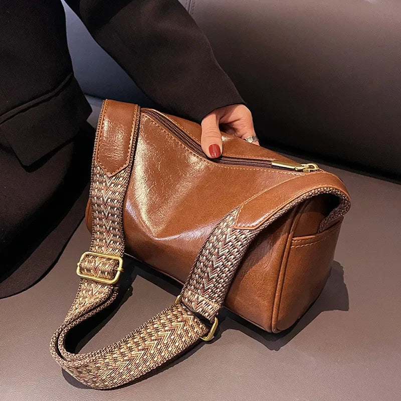 Vintage PU Leather Boston Handbag – Small Women’s Crossbody Purse for Casual Travel & Fashion