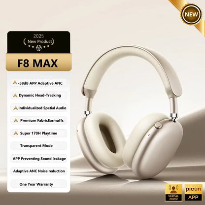 Picun F8 Pro ANC Wireless Headphones - 3D Spatial Audio Bluetooth Headset with HD Mic & Low Latency App Support