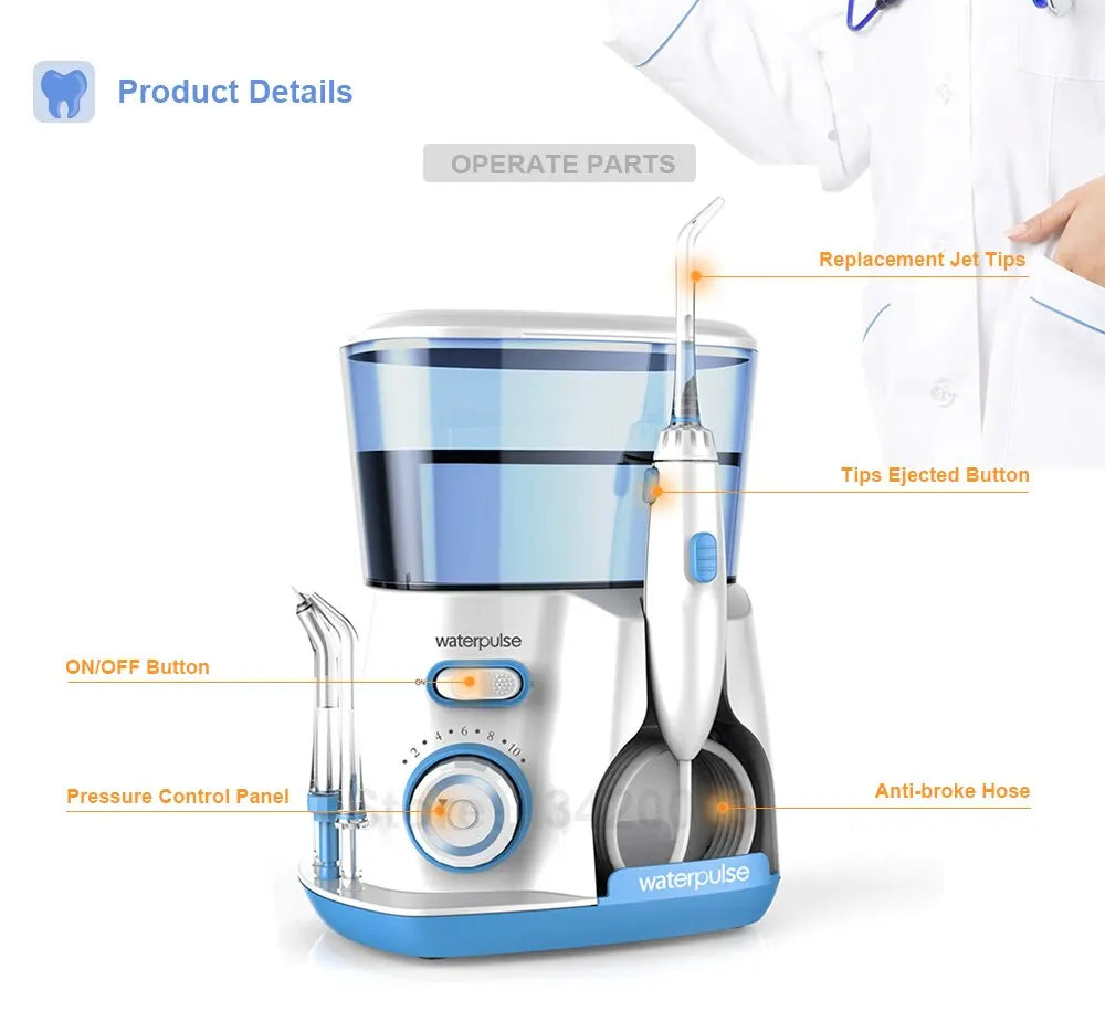 Waterpulse V300G Oral Irrigator: Electric Dental Water Flosser with 5 Tips - 800ml Capacity for Oral Hygiene & Care