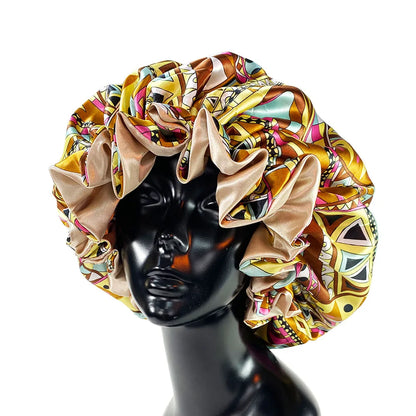 Women’s Satin Bonnet Cap – Double Layer Silky Big Bonnet, Printed Sleep Cap & Head Wrap for Ladies