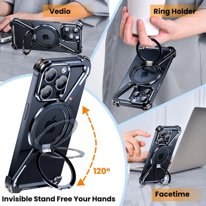 Oatsbasf Z Shape Metal Phone Case for iPhone 15/16 Pro Max – Shockproof Cover with 360° Rotating Holder & Bumper Protection