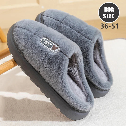 Large Size 50-51 Winter Slippers — Thick Sole Indoor Cotton Slippers for Men & Women, Warm Non-Slip Platform Shoes