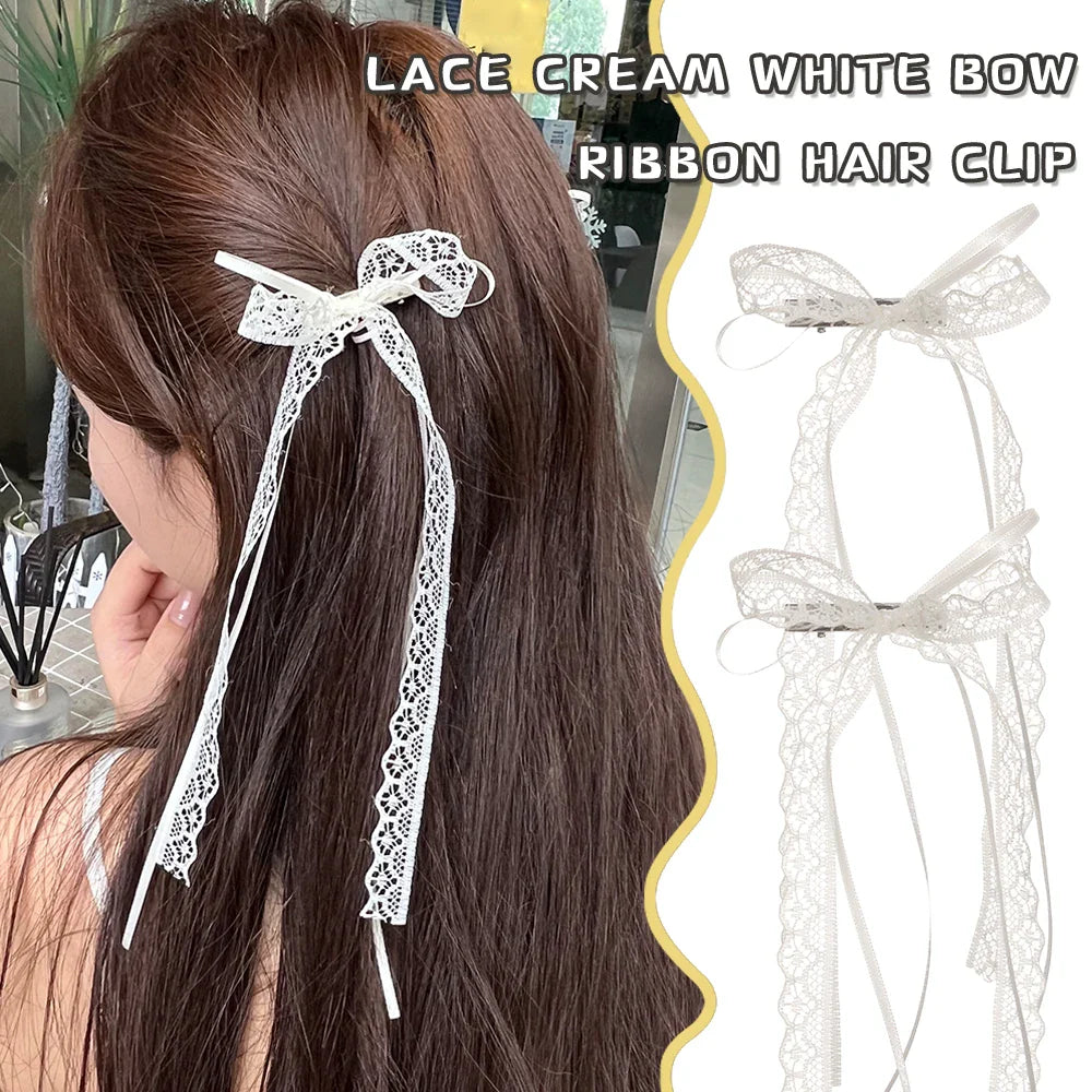 Korean Lace Cream White Bow Ribbon Hair Clip – Bullet Style Side Shredded Hairpin, Headpiece for Women, New Headwear