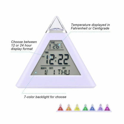 Triangular Digital LED Table Clock – 7-Color Changing Display, Temperature, Week, Alarm for Bedside & Room Decor