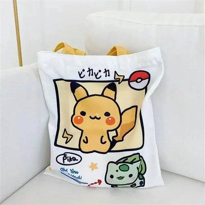 Anime Pokémon Canvas Shoulder Bag – Pikachu, Psyduck, Squirtle Casual Handbag for Women, Reusable Large Shopping Tote