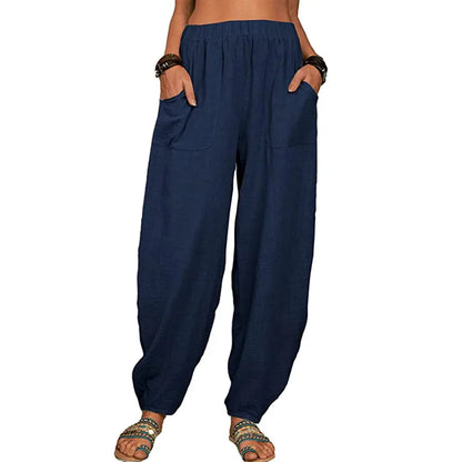 Women’s Casual Cotton Linen Harem Pants – Loose Fit Wide Leg Summer Lounge & Homewear Breathable Long Trousers LRFZ-922