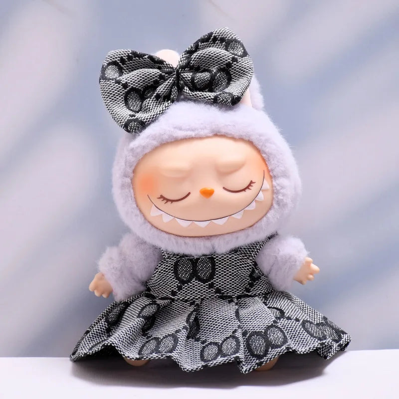 17cm Labubu II Mini Doll Clothes — Luxury Bow Headband Dress Outfit Set for Sitting, Party & Game Accessories