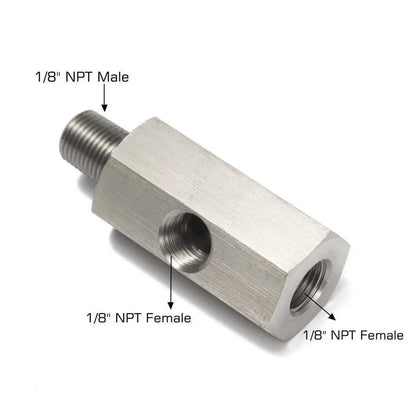 Stainless Steel Oil Pressure Sensor Connector — Side Hole Tee Adapter for 1/8"NPT, 1/4"NPT, M10, M12, M14 Feed Line Gauge