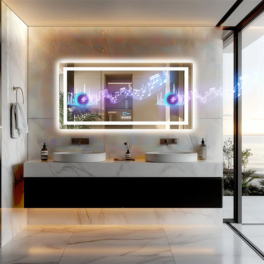 LUVODI Bluetooth LED Bathroom Mirror – Large Anti-Fog Lighted Vanity Mirror with 3-Color Modes
