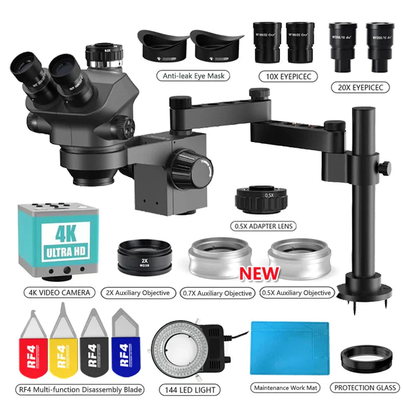 3.5-200X Simul-Focal Stereo Trinocular Microscope Set – 4K/2K/1080P HDMI VGA USB Camera, Clamp & Folding Extension Base