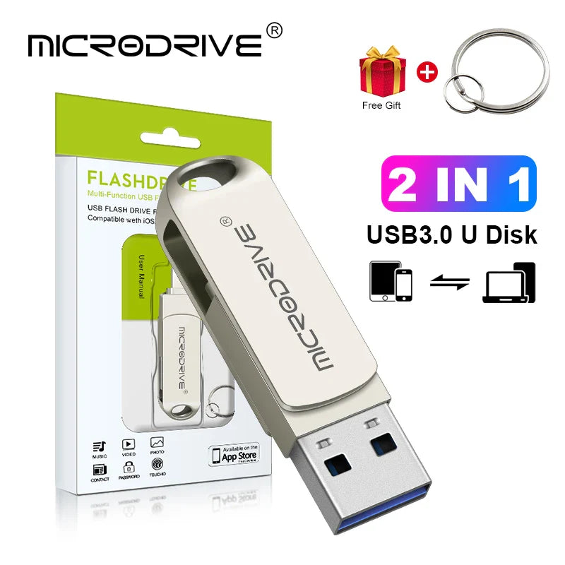 Metal OTG USB 3.0 Pen Drive – 32GB, 64GB, 128GB, 256GB Memory Stick for iPhone, iPad, Lightning, iOS