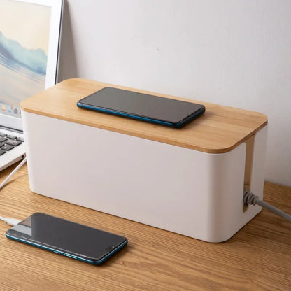 Creative Bamboo Wire Management Box — Cable, Plug, and Power Cord Organizer with Wooden Cover