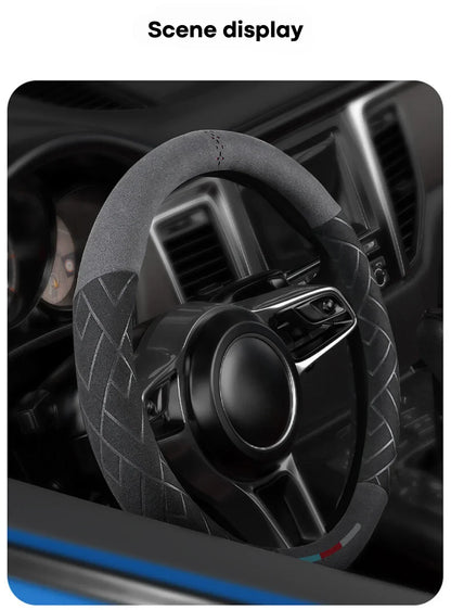 Universal Cowhide Suede Steering Wheel Cover — Breathable 37-38cm Car Accessory Wrap