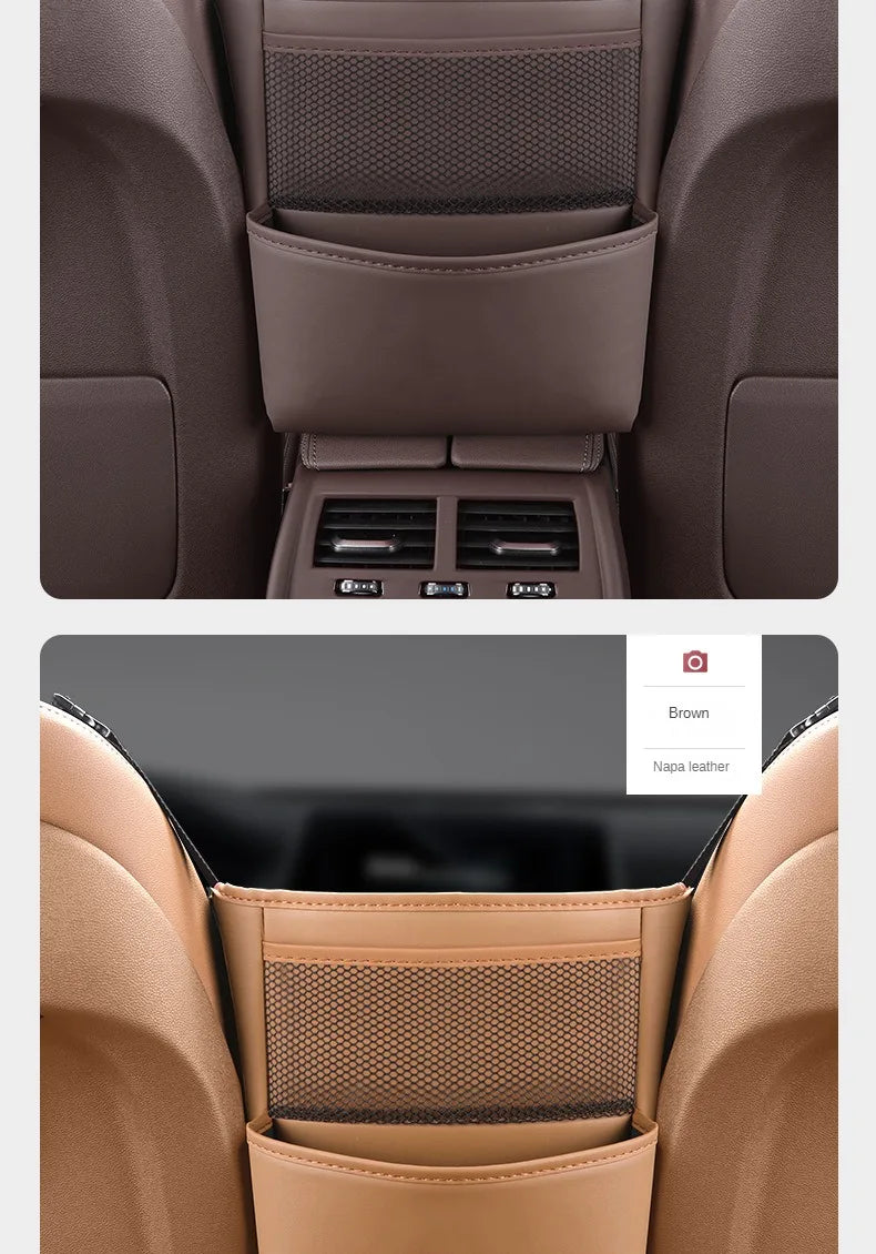 Car Handbag Holder Between Seats – Multi-Functional Leather Storage Bag with Tissue Box, Phone, Cup & Map Organizer