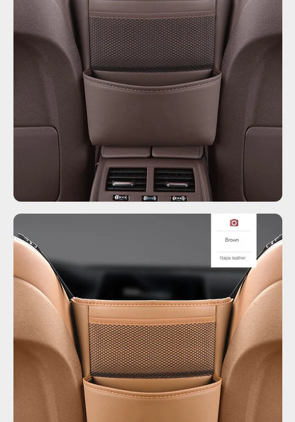 Car Handbag Holder Between Seats – Multi-Functional Leather Storage Bag with Tissue Box, Phone, Cup & Map Organizer