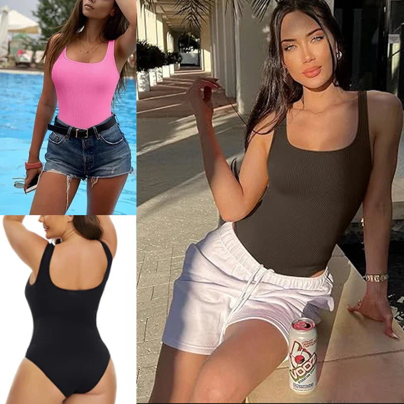 GUUDIA Ribbed Tummy Control Jumpsuit – Light Compression Daily Shaper Bodysuit with Open Crotch Shapewear Design