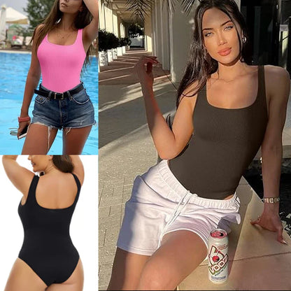 GUUDIA Ribbed Tummy Control Jumpsuit – Light Compression Daily Shaper Bodysuit with Open Crotch Shapewear Design