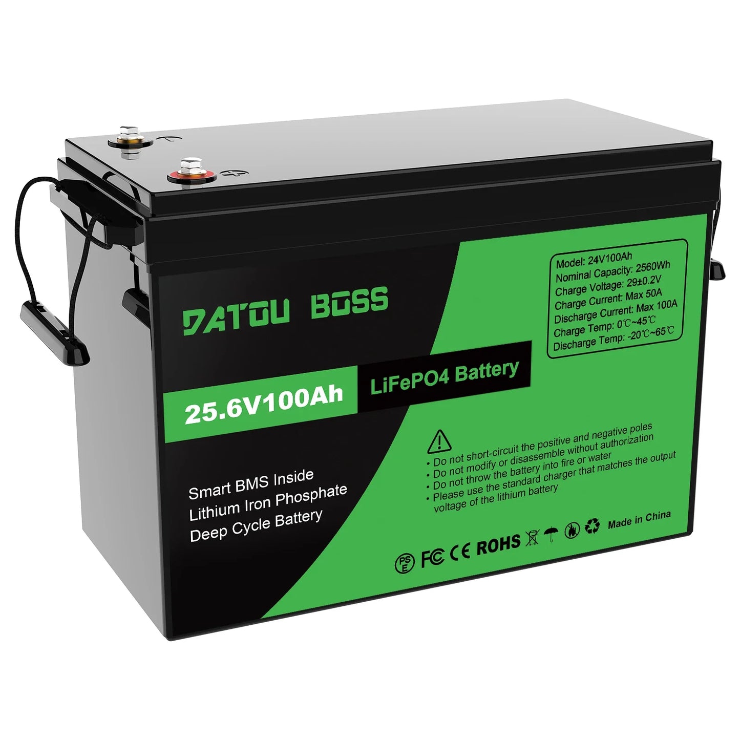 DATOUBOSS 12V 100Ah LiFePO4 Battery — 1280Wh Lithium Battery with 100A BMS, 8000-15000 Deep Cycles, Series/Parallel Support