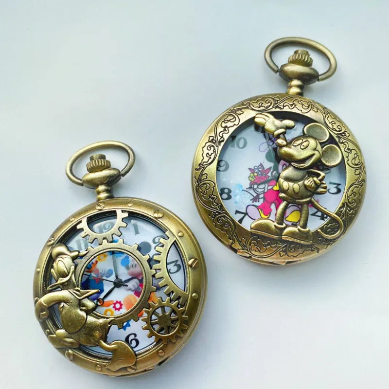 Disney Mickey Mouse Pocket Watch – Vintage Cartoon Quartz Clock with Roman Numerals & Chain Pendant Necklace for Men & Women