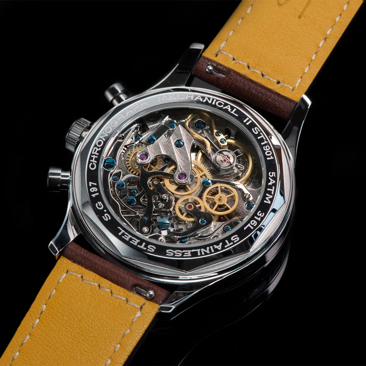 Sugess Pilot Men’s Chronograph Watch — Original ST1901 Mechanical Movement, Sapphire Crystal, Waterproof Racing Strap