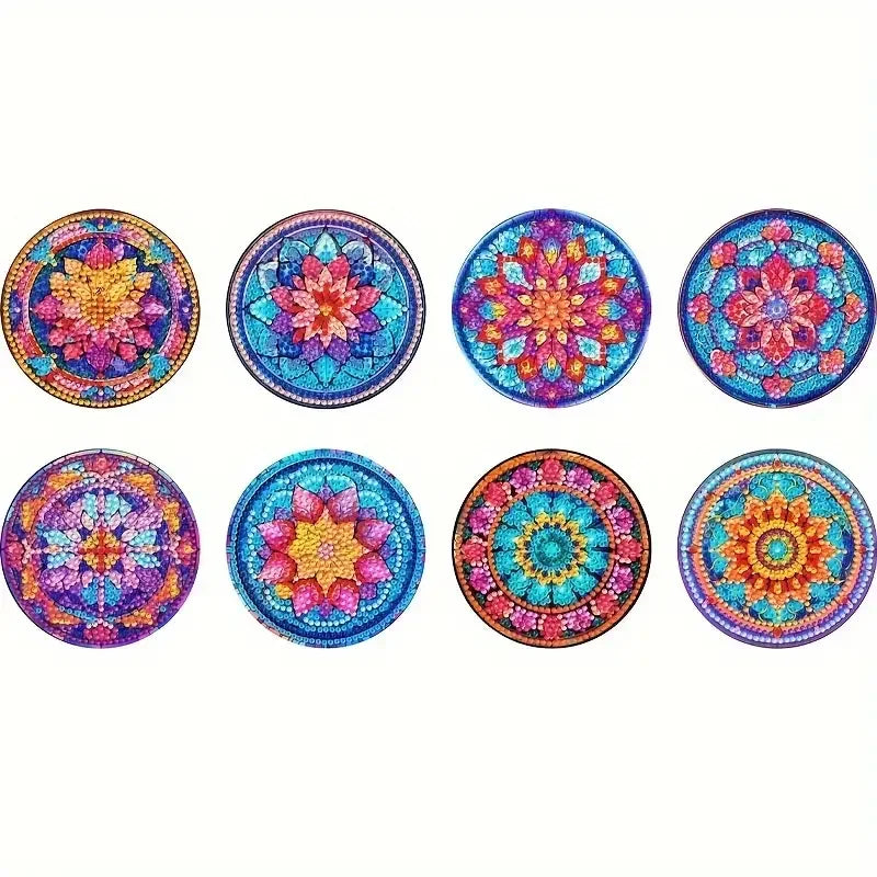 8-Piece DIY Diamond Painted Coasters Set – Mandala Pattern with Complimentary Cup Holder