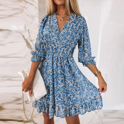 Women’s Summer Floral Midi Dress - Casual Bohemian Printed Short Sleeve Waist-Fitted Pullover Dress