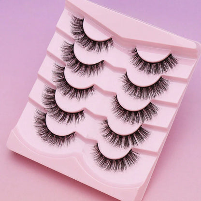 5 Pairs Cat Eye Faux Mink Eyelashes – Winged Long Natural Manga Style False Lashes Makeup Set