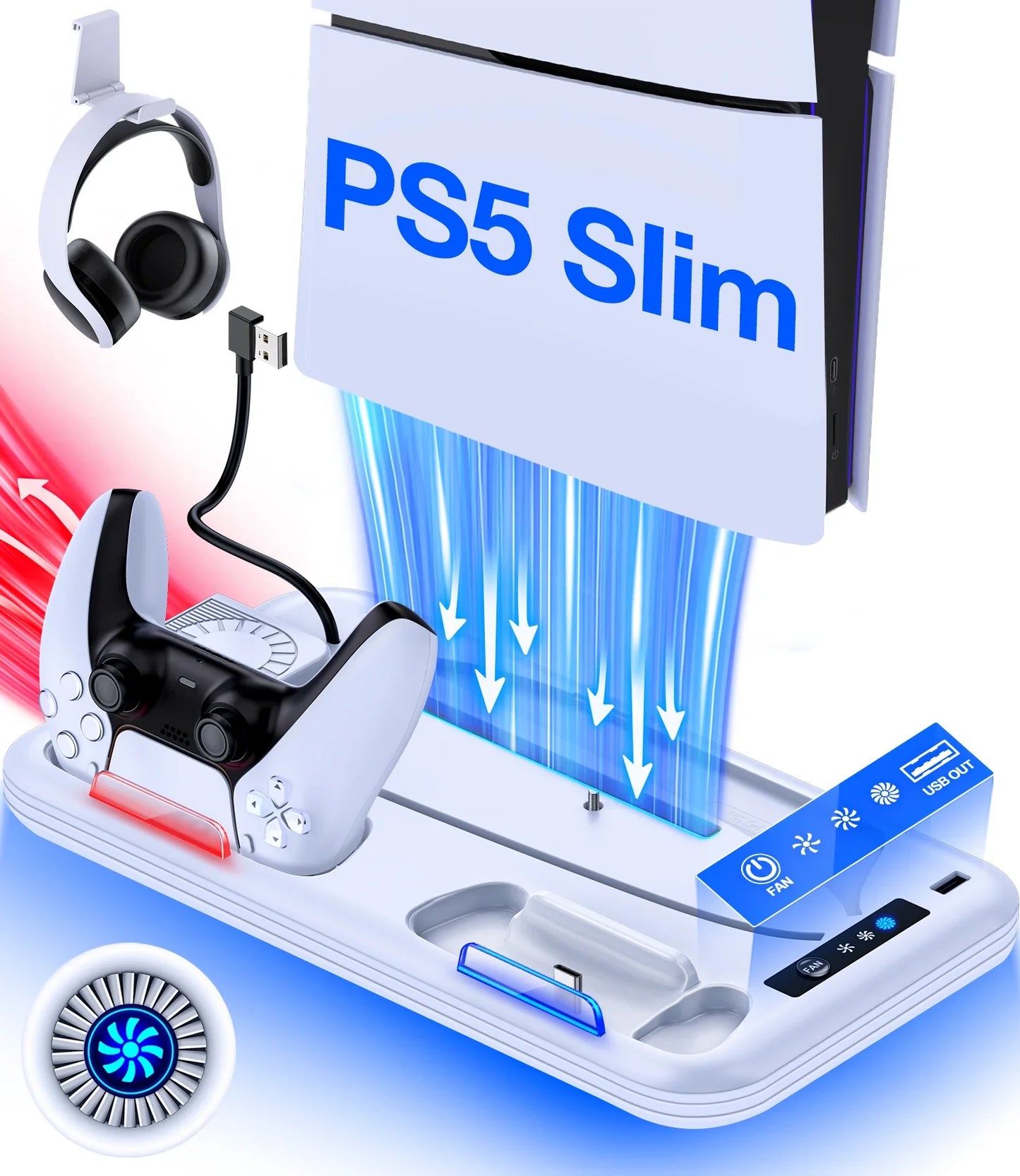 DinoFire PS5 Slim Cooling & Charging Stand – Vertical Fast Controller Charging Station for Disc & Digital PlayStation 5 Console