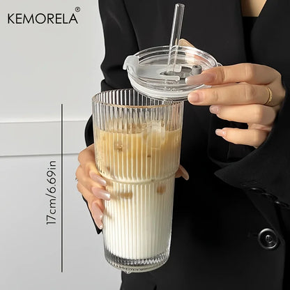600ML Striped Glass Coffee Cup with Lid and Straw – Transparent Drinking Glasses for Juice, Milk, Tea | Iced Coffee Mug Drinkware