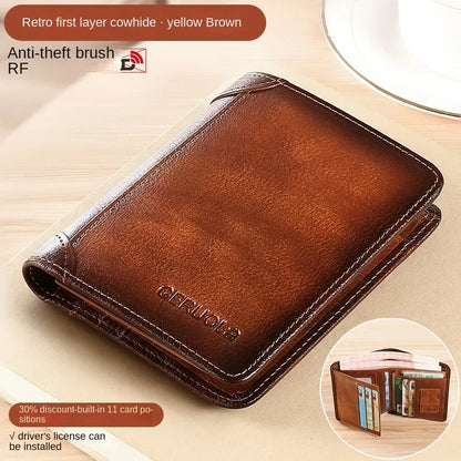 Genuine Leather Men’s Wallet – RFID Blocking Trifold, Vintage Thin ID & Credit Card Holder, Multi-Function Purse