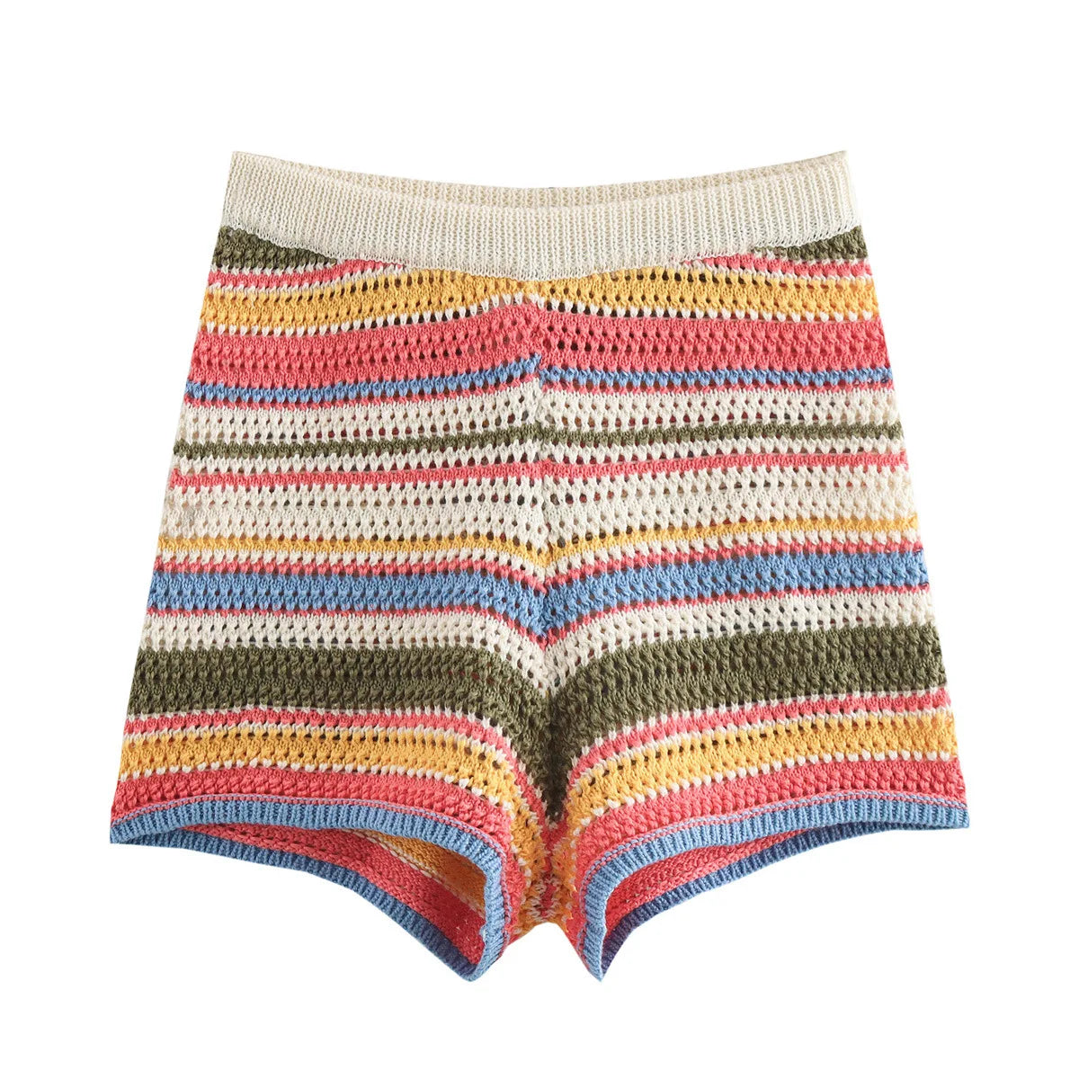 Women Y2K Patchwork Striped Crochet Knit Crop Sweater & Shorts Set – Hollow Out Short Sleeve Polo Collar Outfit