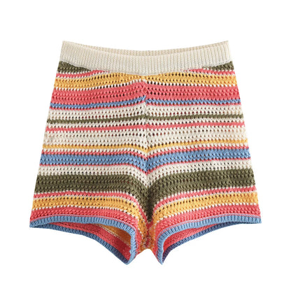 Women Y2K Patchwork Striped Crochet Knit Crop Sweater & Shorts Set – Hollow Out Short Sleeve Polo Collar Outfit