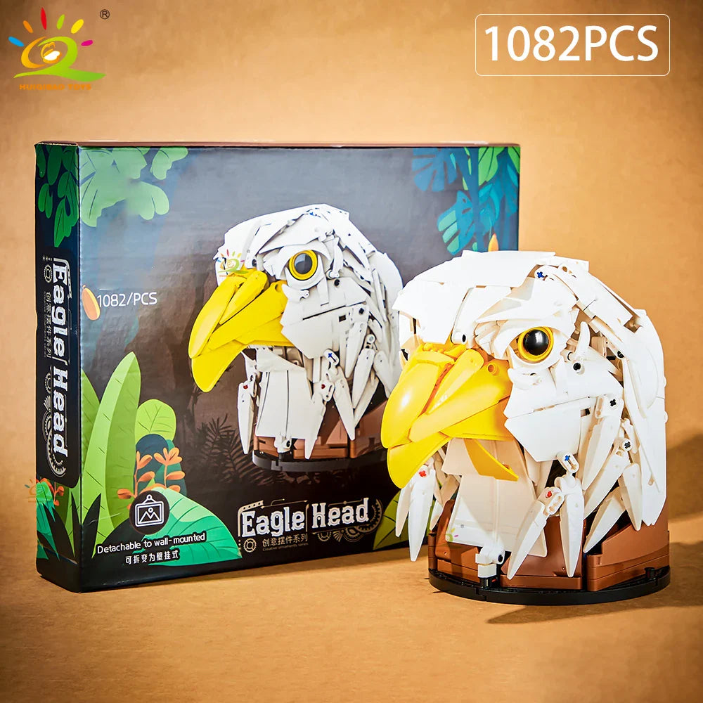 HUIQIBAO MOC Animal Head Building Blocks — Wolf, Deer & Eagle Wall Decor Sculpture Toy
