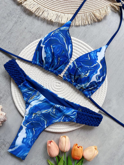 RUOTONSEPT Women’s Print Halter Bikini Set - High Cut Mini Thong Two-Piece Swimsuit Beach Swimwear
