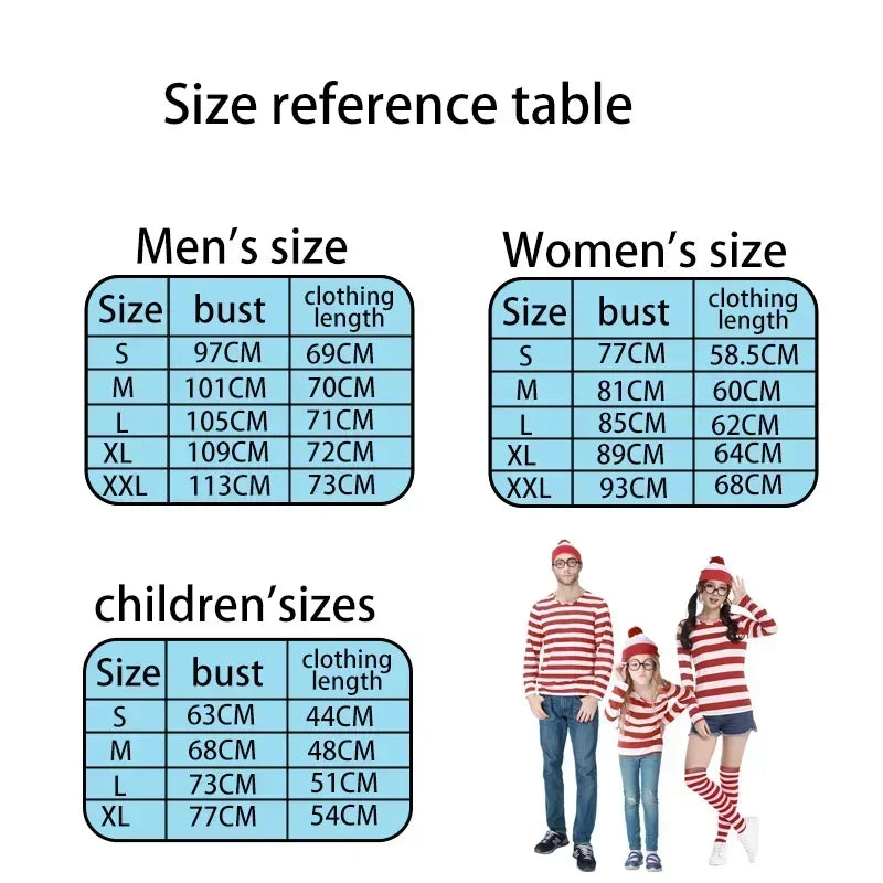 Wheres Waldo Costume Set - Striped Shirt, Glasses, Hat & Socks for Kids and Adults