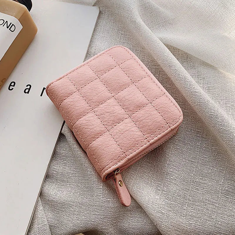 Women’s Small PU Leather Zipper Wallet with Coin Purse – Cute Plaid Mini Korean Card Holder, New Arrival