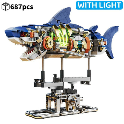 Mechanical Shark & Sea Life Building Blocks Set – Crocodile, Parrot, Mantis, Frog, Manta Ray Toy for Kids