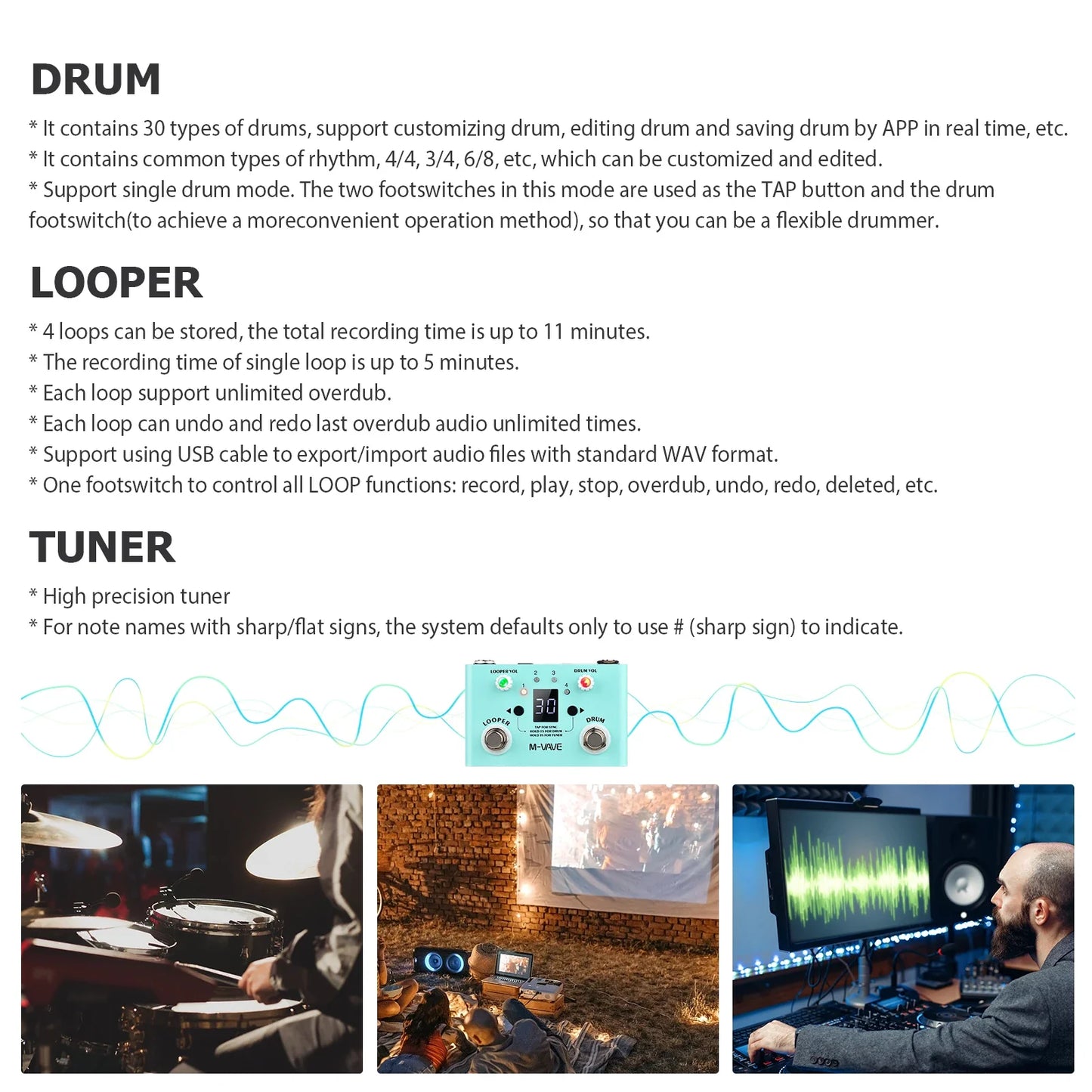 M-VAVE LOST TEMPO Effect Pedal – 2 in 1 Drum & Looper Mini Pedal with Double Footswitch, Drum Machine Pedal