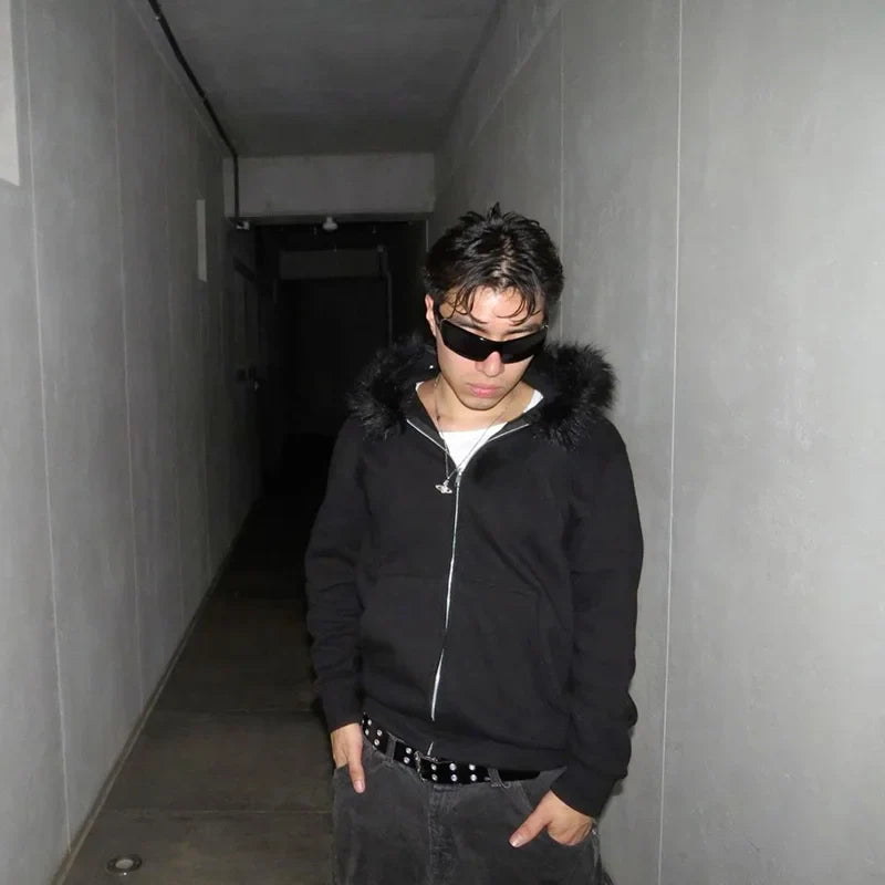 Casual Y2K Zip-Up Hoodie – Faux Fur Collar Harajuku Streetwear Rock Goth Punk EMO Sweatshirt Jacket