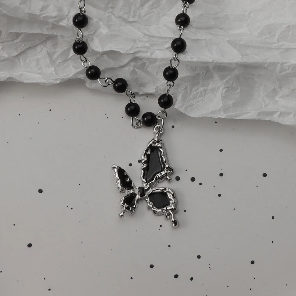 Gothic Bat Cross Necklace Set - Y2K Thorn Love Black Beaded Layered Jewelry for Halloween Parties
