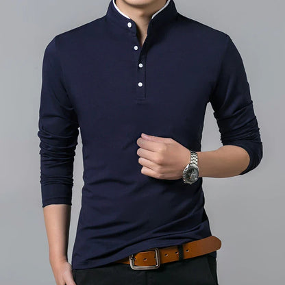 Men's Business Casual Long Sleeve Polo T-Shirt - Comfortable and Breathable Solid Cotton Top for Summer