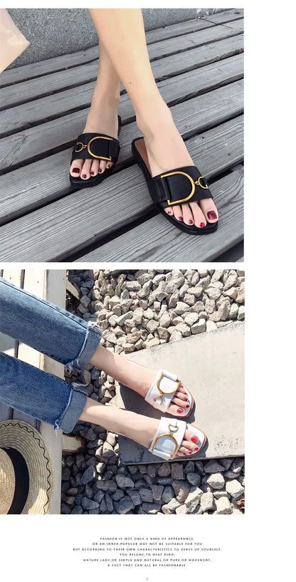 Women’s Flat Slippers — Summer Leather Square Toe Flats, Designer Slides & Luxury Sandals