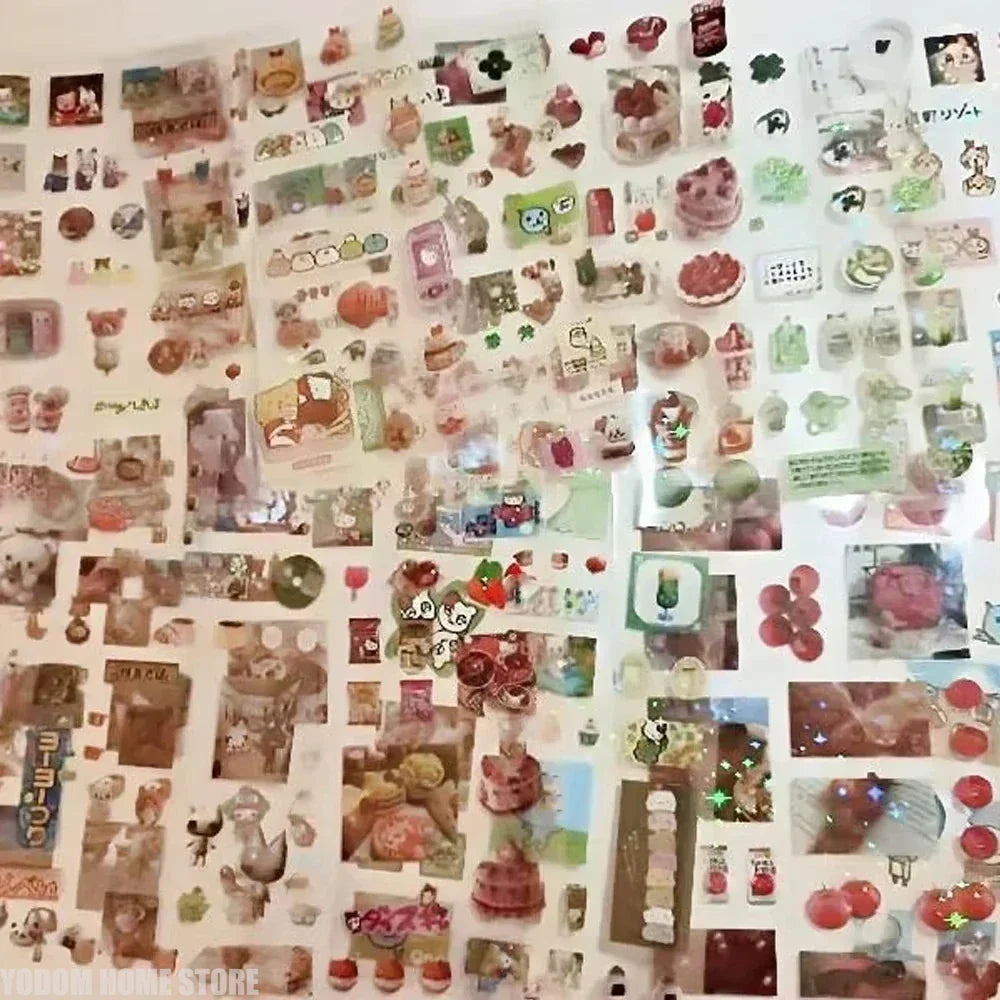 20-Sheet Vintage Glitter PET Stickers - Transparent Kawaii Deco Stickers for Scrapbooking, Journaling & Toploader Crafts