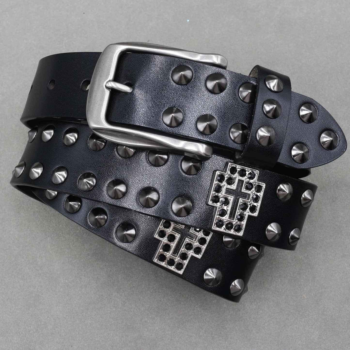 Men’s Designer Rivet Belt – Genuine Cowhide Leather Punk Rock Pin Belt for Jeans, Luxury Black Leather Belt