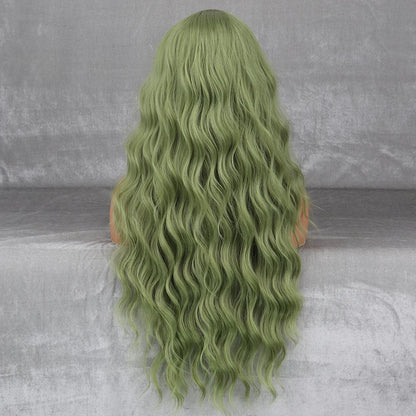 Long Wavy Green Synthetic Wig – Heat-Resistant Women's Cosplay, Party, Lolita Style, Half Part, Red/Black/Pink