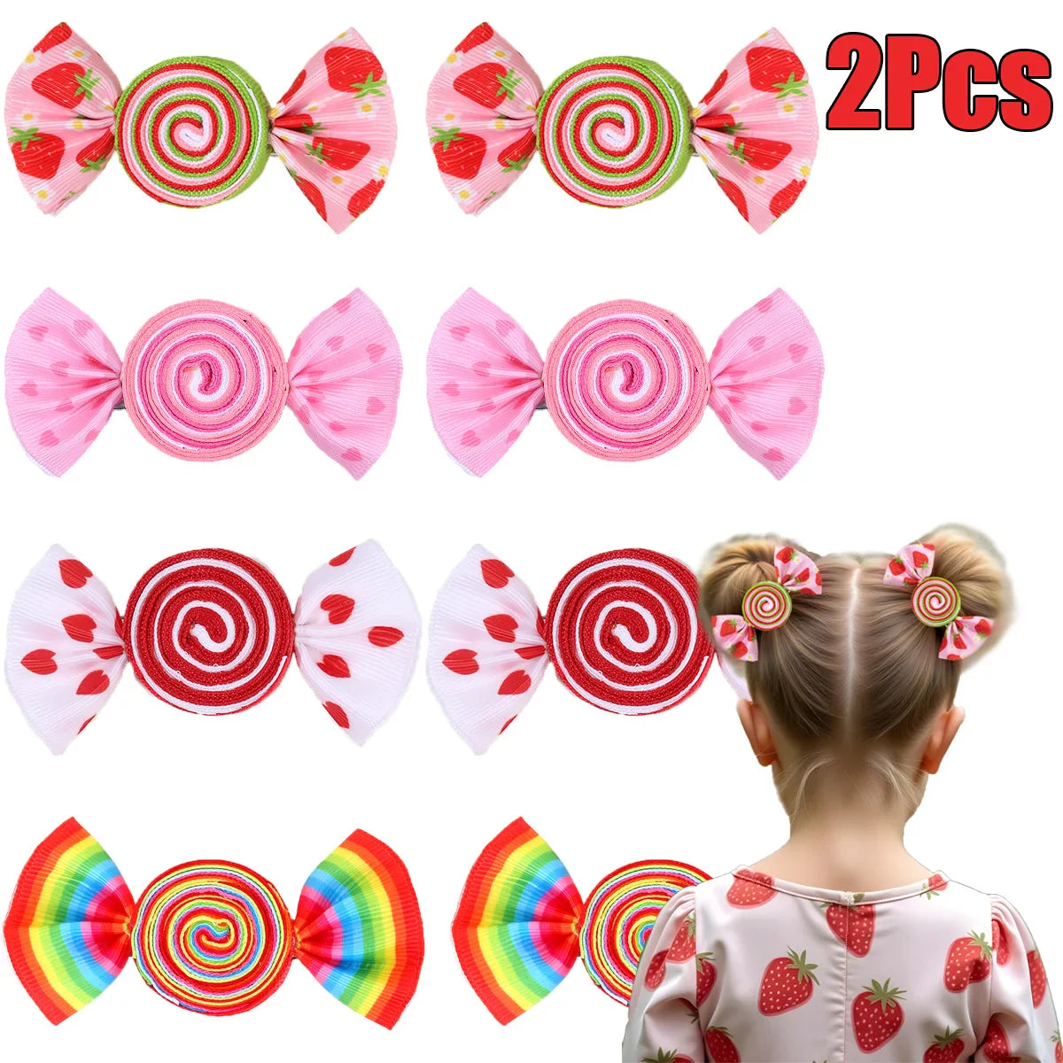 2-Piece Candy Bow Hair Clips – Sweet Strawberry & Heart Print Barrettes for Girls & Kids