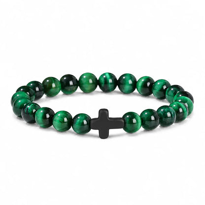 Natural Stone & Wood Bead Rosary Bracelet - Hematite Cross Meditation & Yoga Jewelry for Men & Women