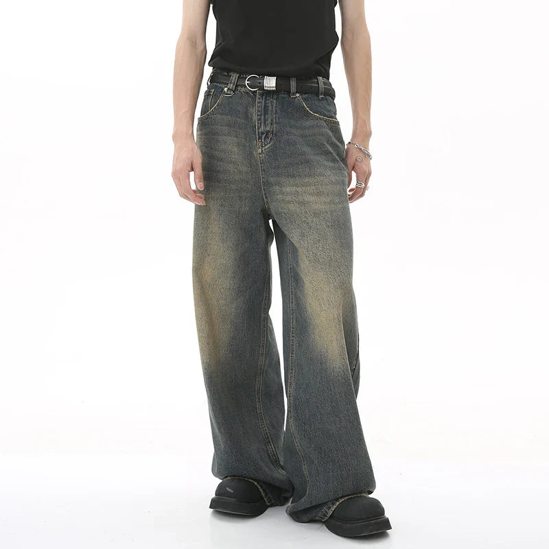 IEFB Men’s Summer Denim Jeans – Washed Blue Straight Loose Wide-Leg Casual Pants
